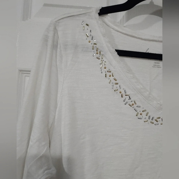 Lane Bryant Cotton Slub White Beaded Neckline 3/4 Sleeve Shirt in Size 18/20 2X - Picture 3 of 11